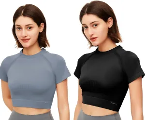 2 Pack Women Workout Crop Tops Short Sleeves Yoga Gym Athletic Shirts Running Tank Tops Slim Fit YLT3M131