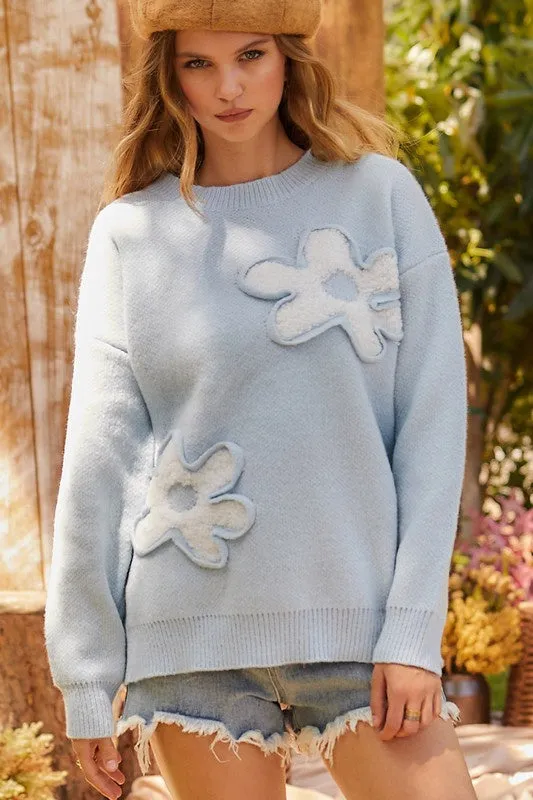 3D FLOWER CONTRAST SWEATER | SKY BLUE