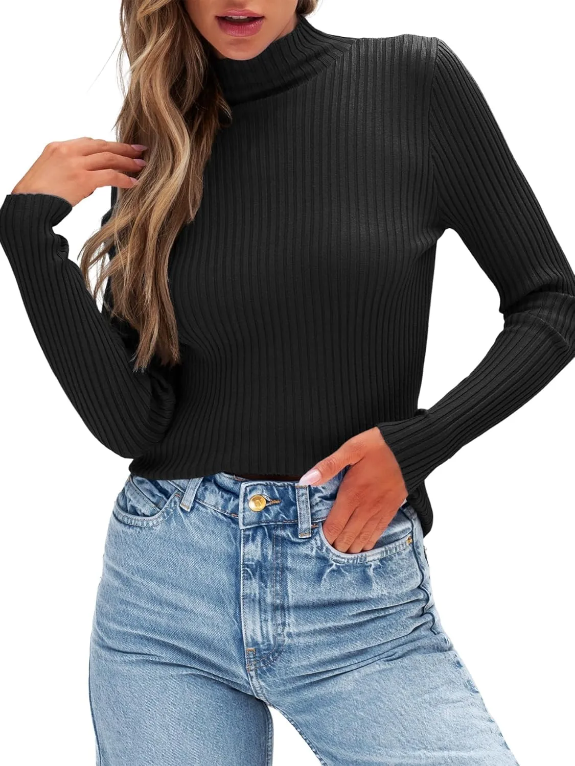 Anbech Womens Turtleneck Sweaters Long Sleeve Ribbed Fitted Basic Layering Knit Tops