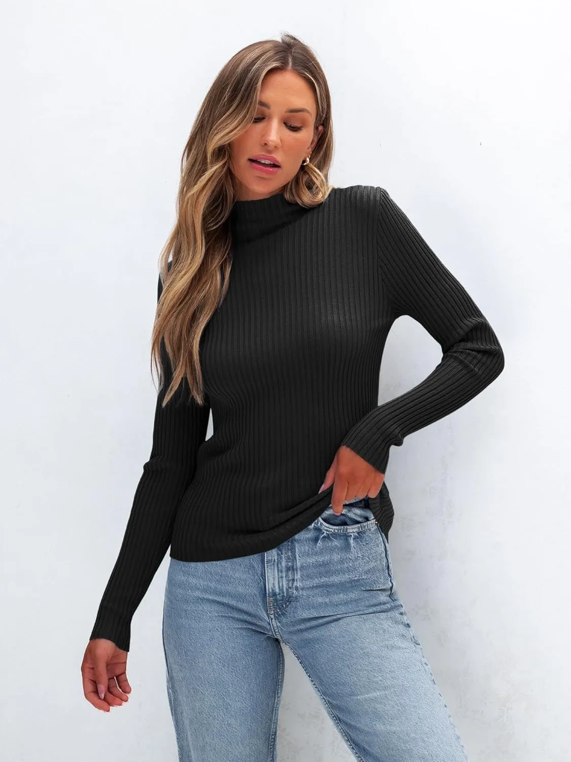 Anbech Womens Turtleneck Sweaters Long Sleeve Ribbed Fitted Basic Layering Knit Tops