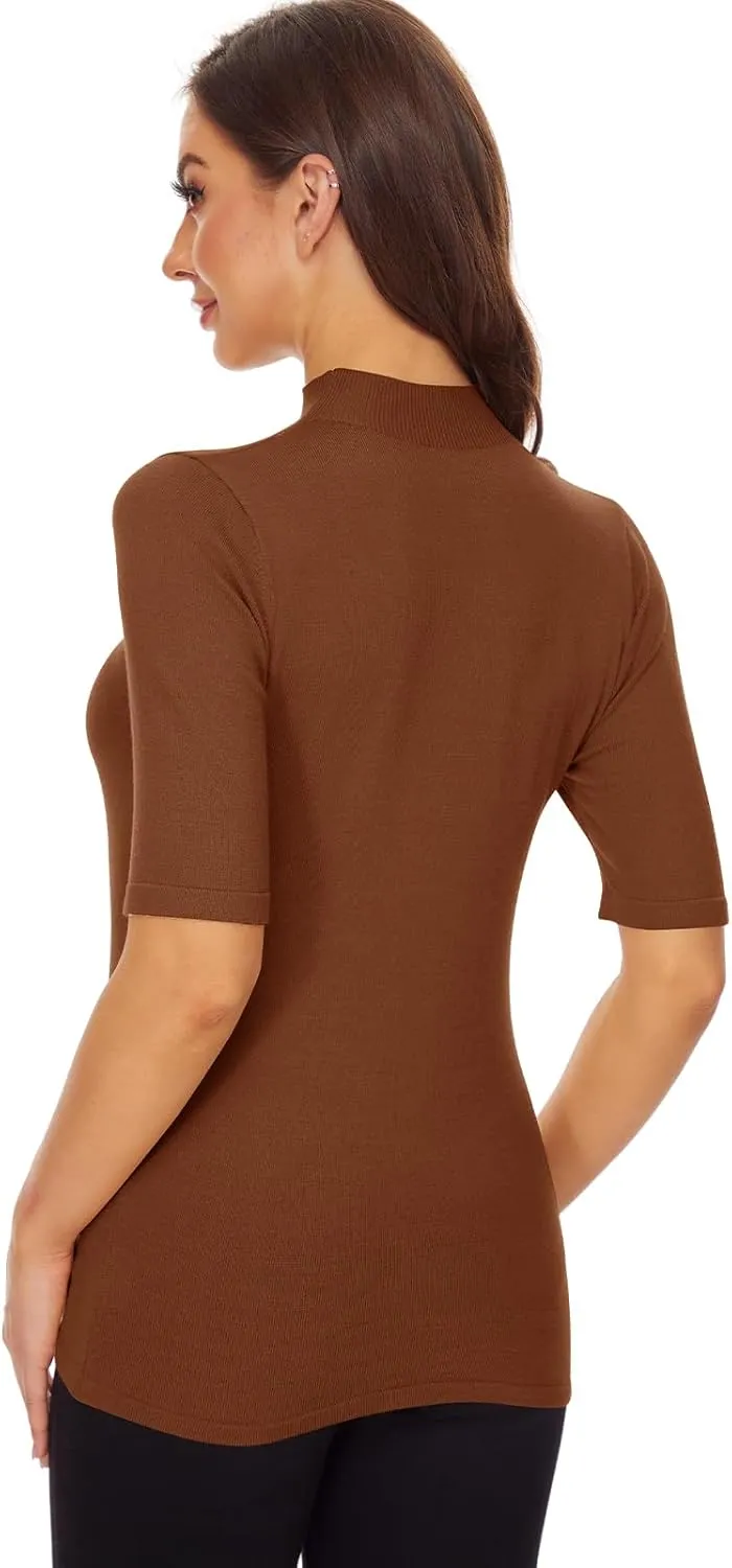Anbenser Women’s Short Sleeve Mock Pullover Sweater Knit Jersey Top Slim Fit