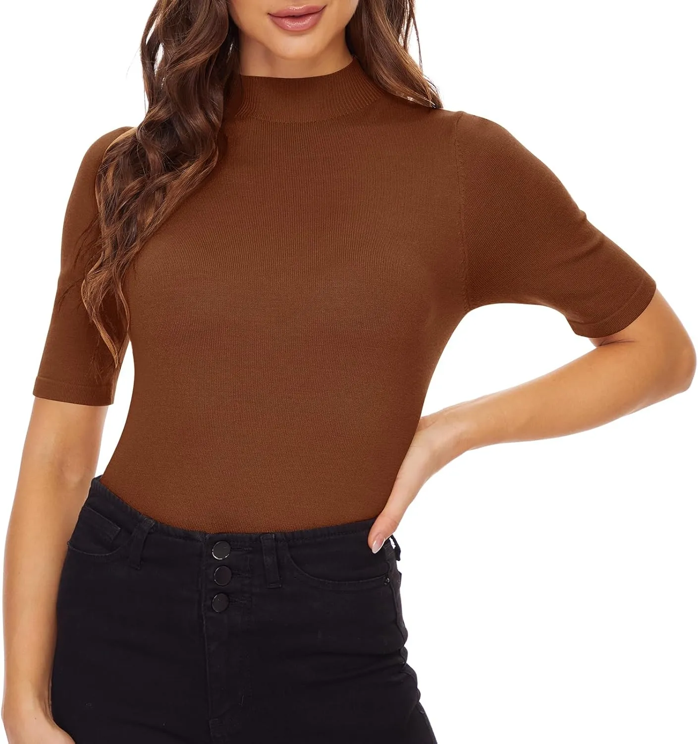 Anbenser Women’s Short Sleeve Mock Pullover Sweater Knit Jersey Top Slim Fit