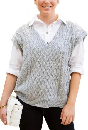 Anna-Kaci Women's Oversized Knit Sweater Vest Cable Knit V Neck Sleeveless Solid Color Pullover Sweater