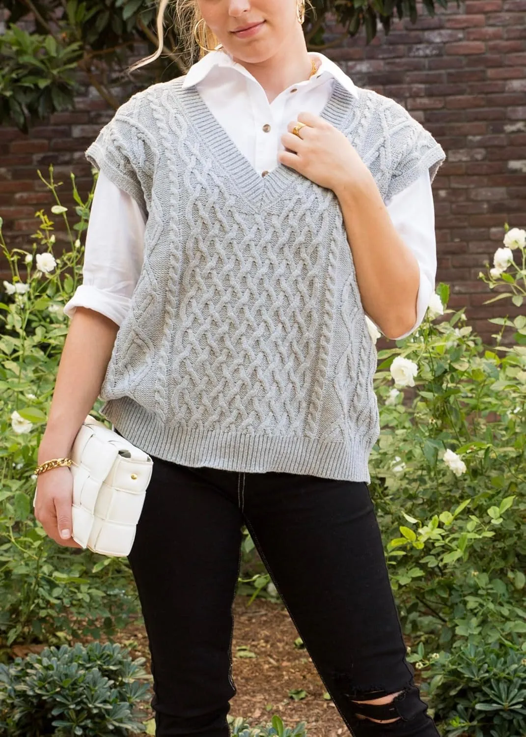 Anna-Kaci Women's Oversized Knit Sweater Vest Cable Knit V Neck Sleeveless Solid Color Pullover Sweater