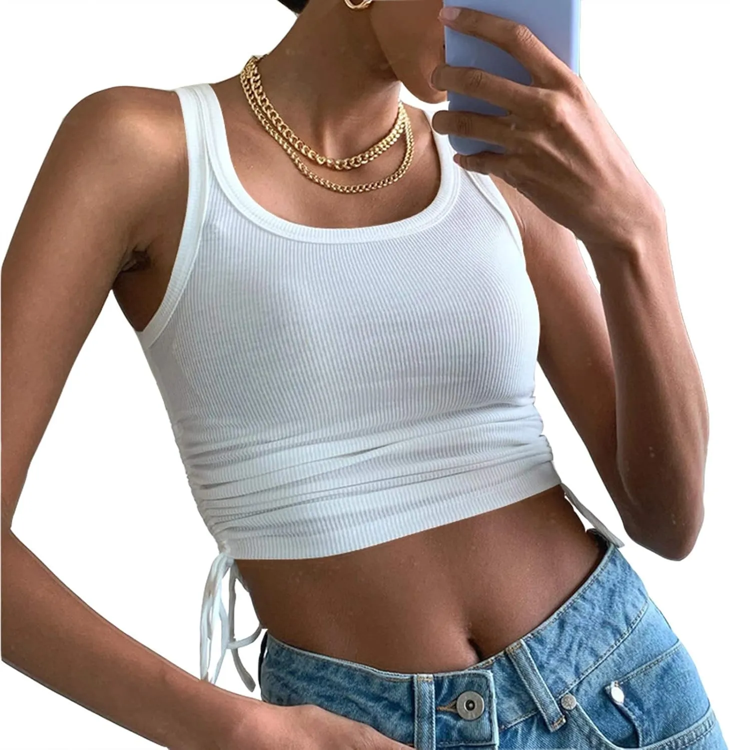 Artfish Women's Sleeveless Shirt Ribbed Fitted Scoop Neck Basic Crop Tank Top Cropped