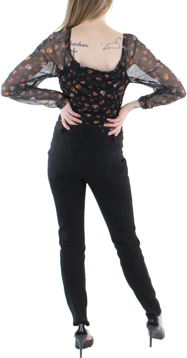 BCBGeneration womens Fitted Long Sleeve Square Neck Bodysuit Ruched Bodice Snap Closure One Piece