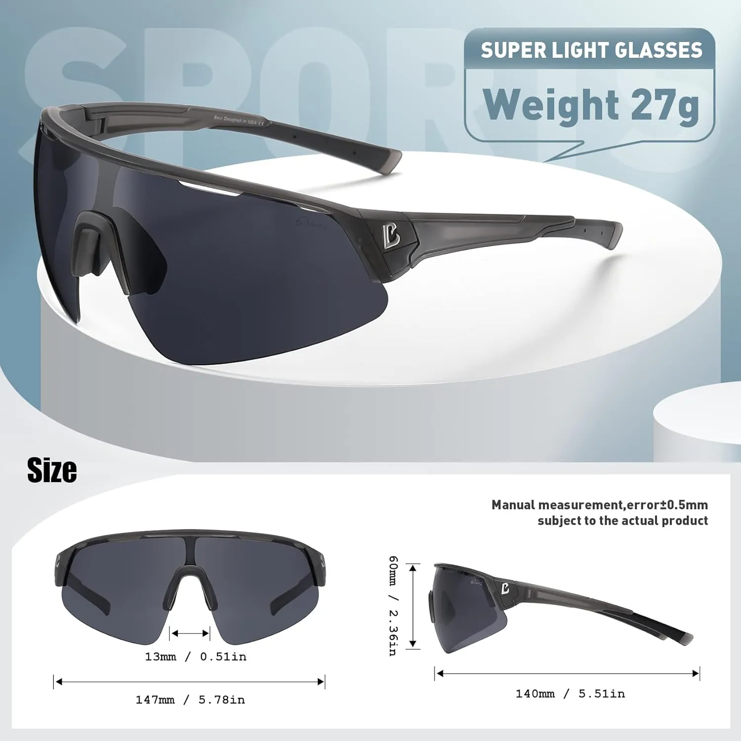 Bevi Sports Shield Sunglasses Polarized UV400 Lens with TR90 Lightweight Frame Unisex Baseball Running Biking