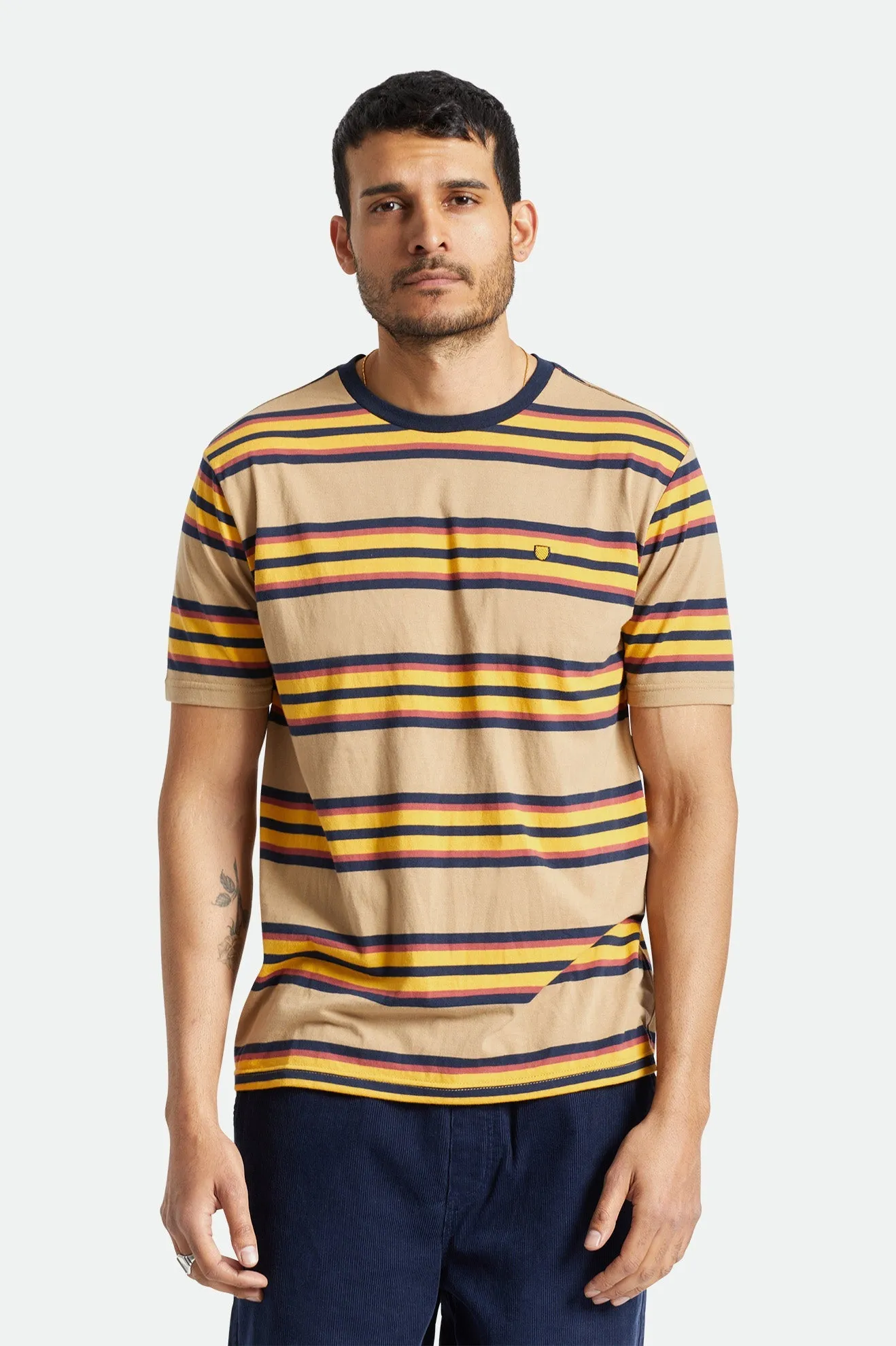 BRIXTON HILT SHIELD S/S KNIT - TAN/GOLDEN GLOW/NAVY
