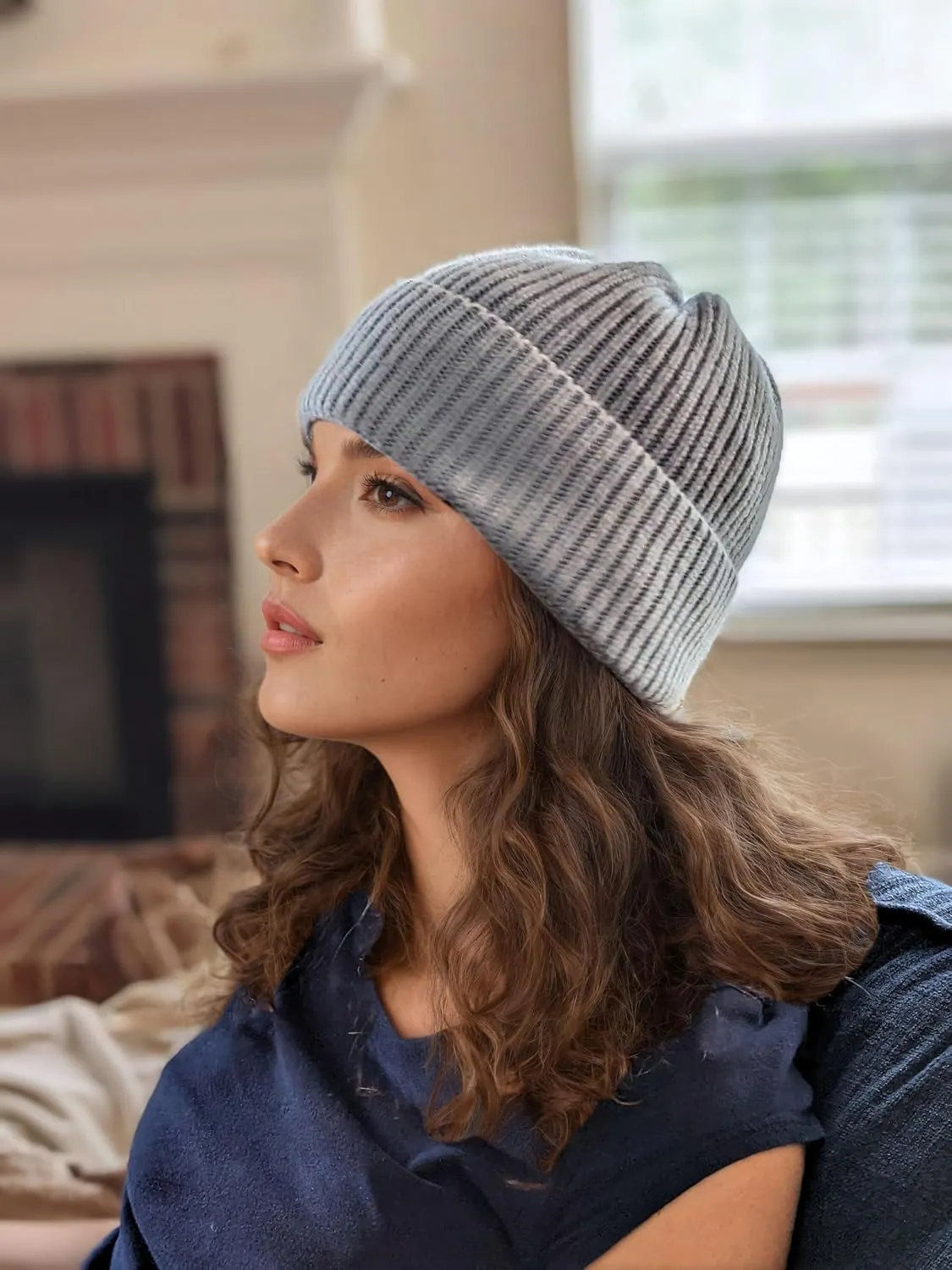 Cashmere Rolled Out Cuff Ribbed snug fit Beanie, Warm Winter Knitted hat CSH1102