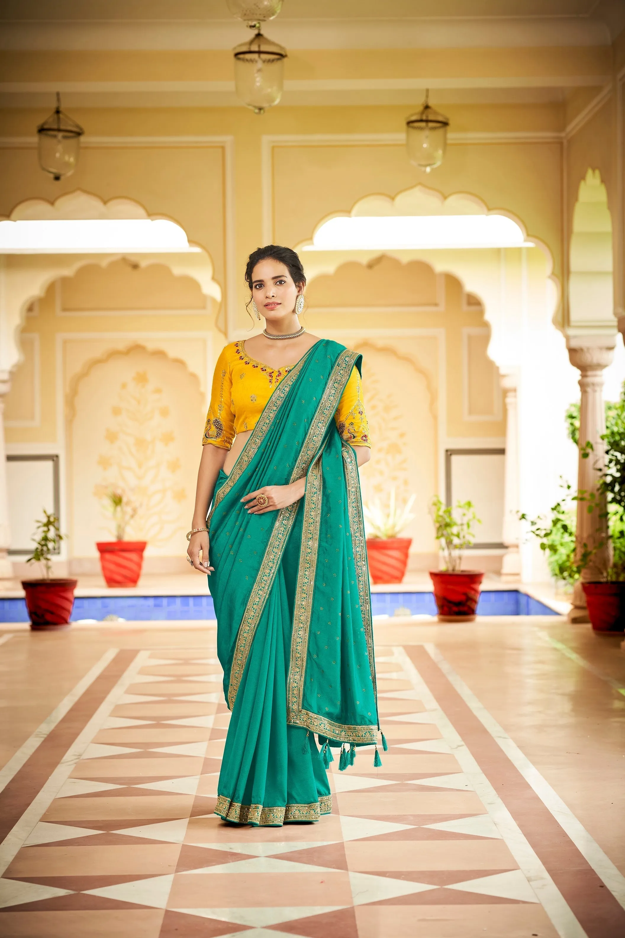 Designer Sky Blue Color Swarovski Sequence Work Silk Saree