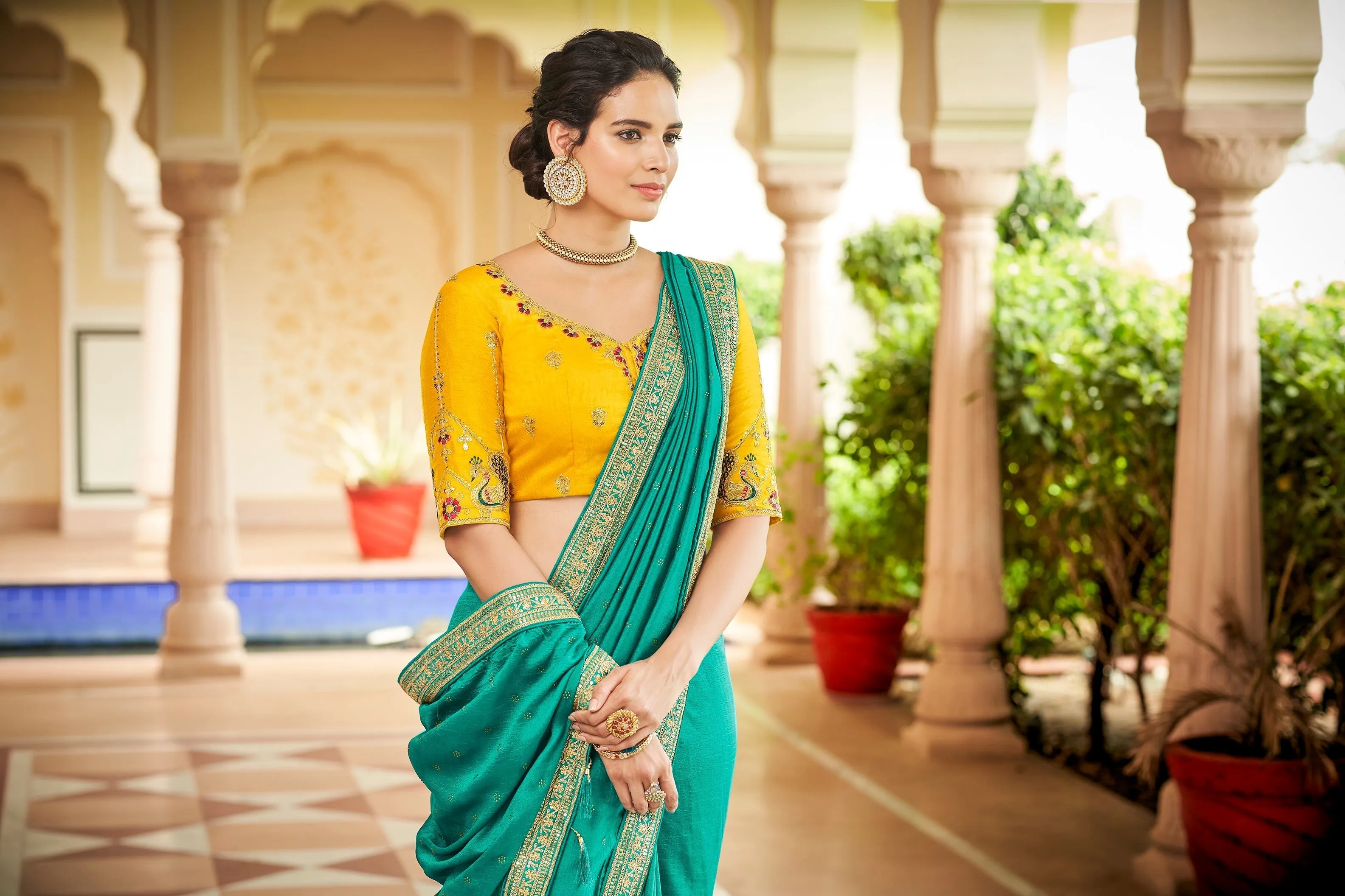Designer Sky Blue Color Swarovski Sequence Work Silk Saree