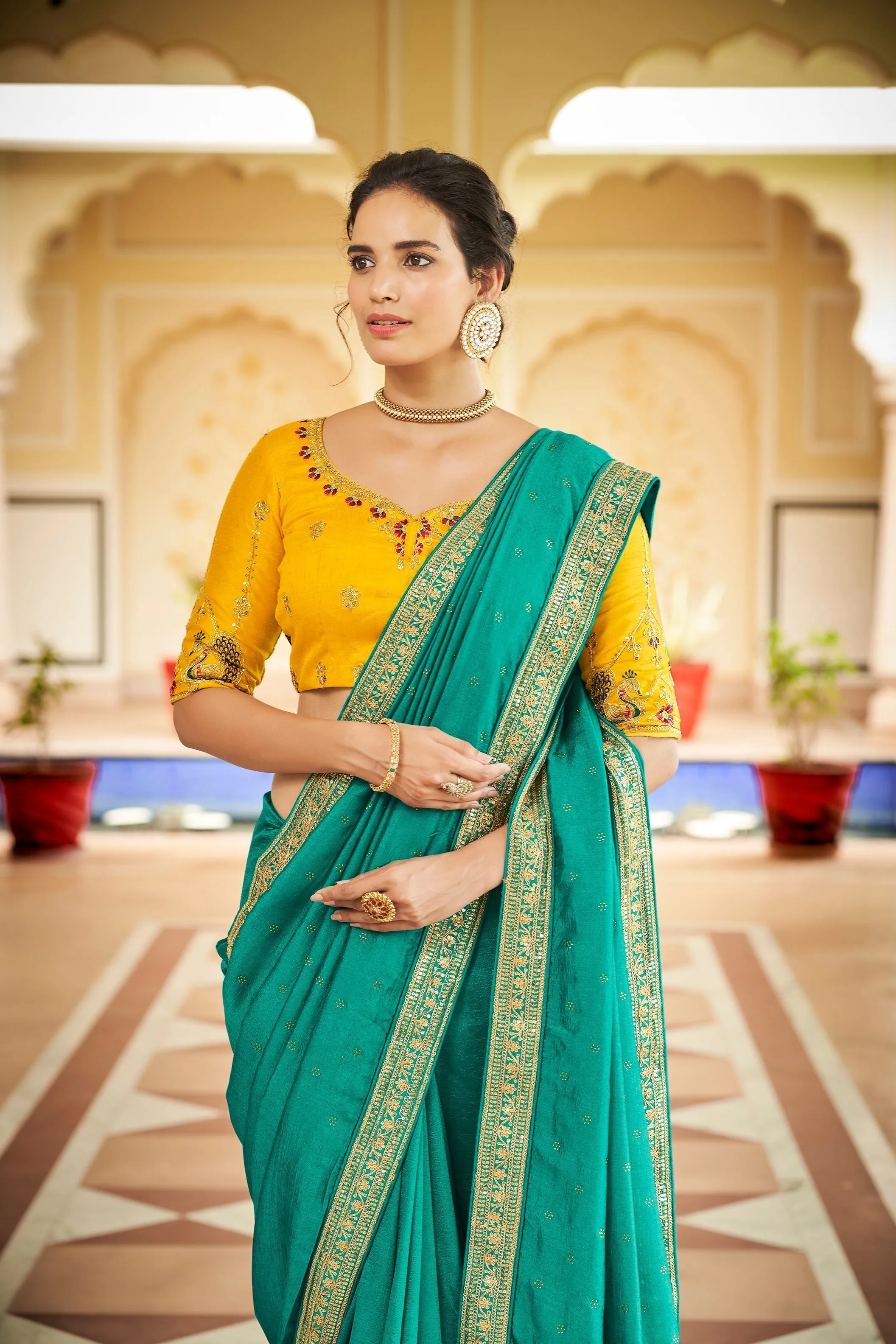 Designer Sky Blue Color Swarovski Sequence Work Silk Saree