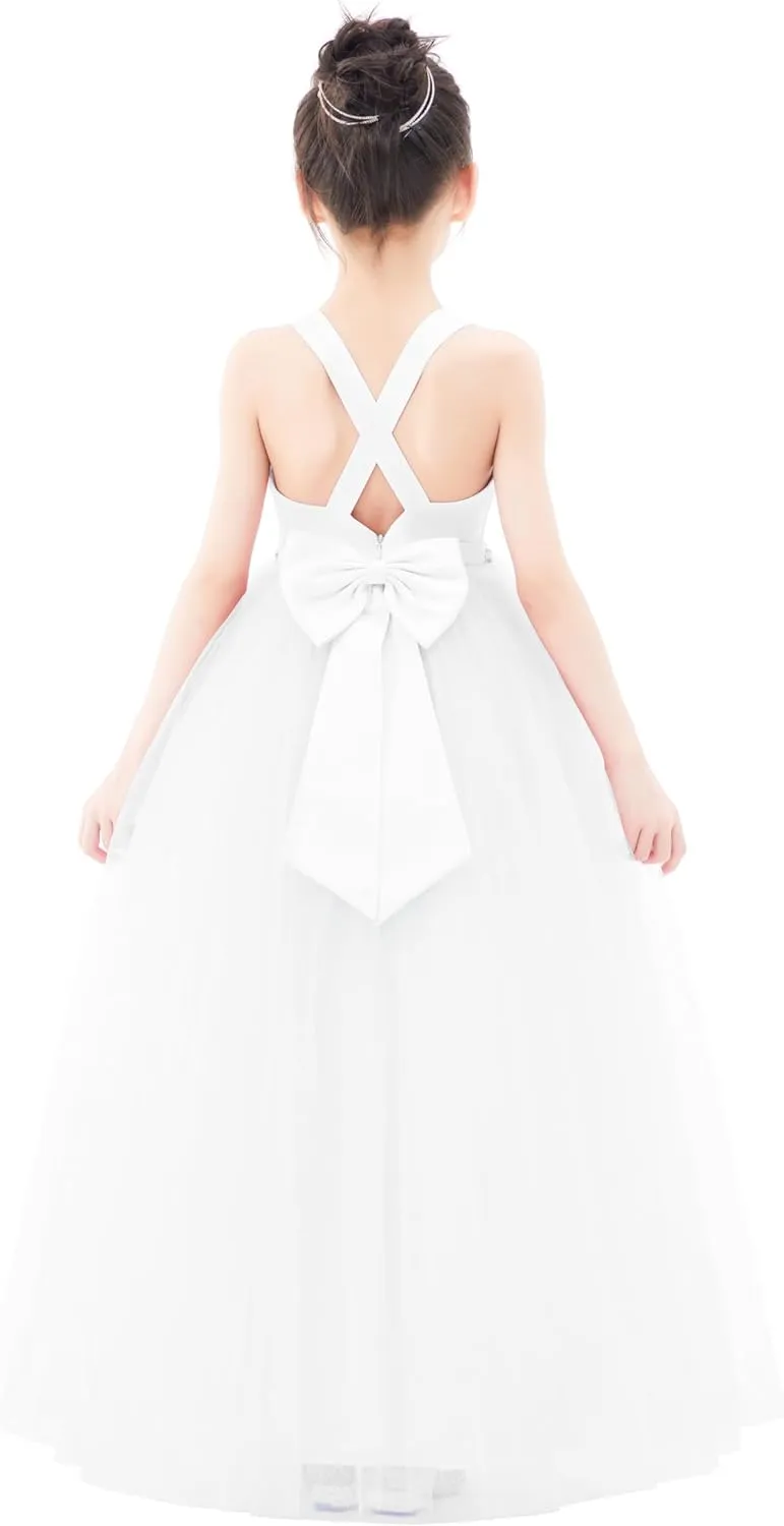 ekidsbridal Crossed Straps Satin Flower Girl Dress with Rhinestones for Social Events 240