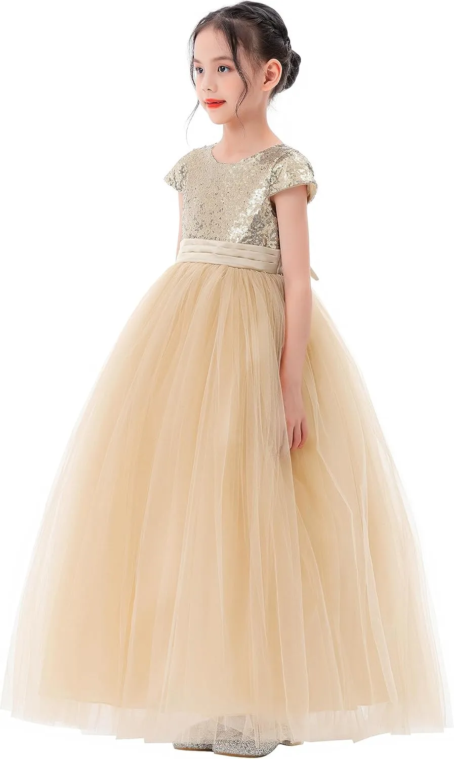 ekidsbridal Sequins V-Back Cap Sleeves Formal Flower Girl Dresses for Junior Pageants 323