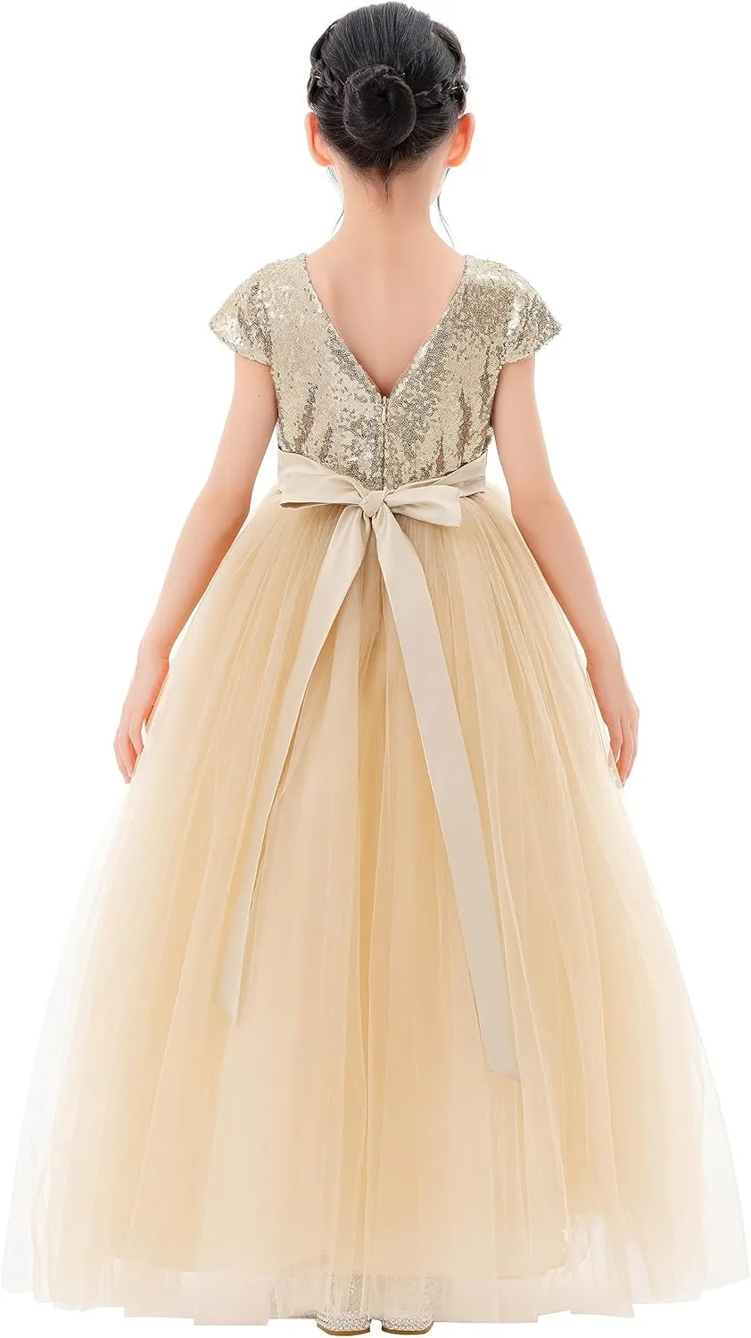 ekidsbridal Sequins V-Back Cap Sleeves Formal Flower Girl Dresses for Junior Pageants 323