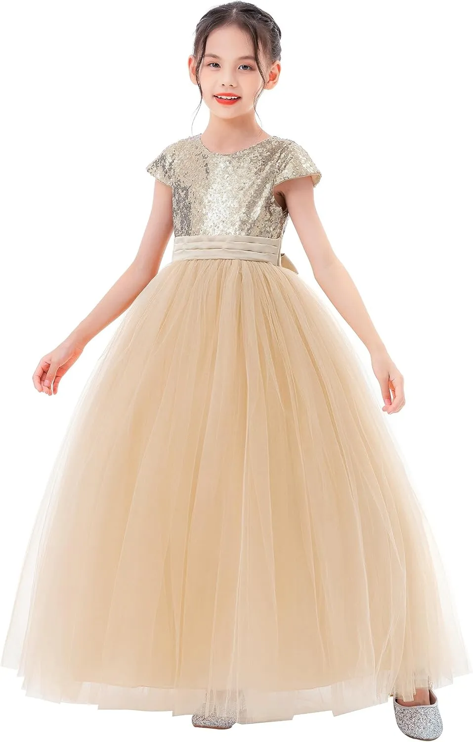ekidsbridal Sequins V-Back Cap Sleeves Formal Flower Girl Dresses for Junior Pageants 323