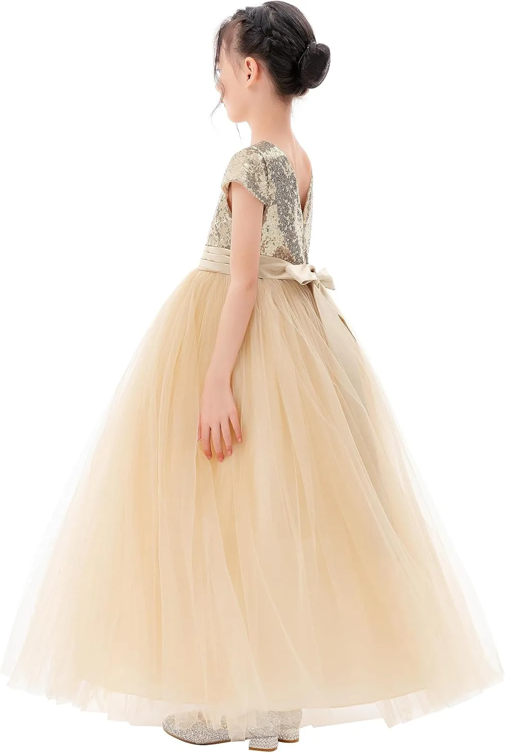 ekidsbridal Sequins V-Back Cap Sleeves Formal Flower Girl Dresses for Junior Pageants 323