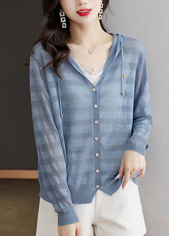 Elegant Blue Striped Patchwork Drawstring Hooded Ice Size Knit Cardigan Long Sleeve