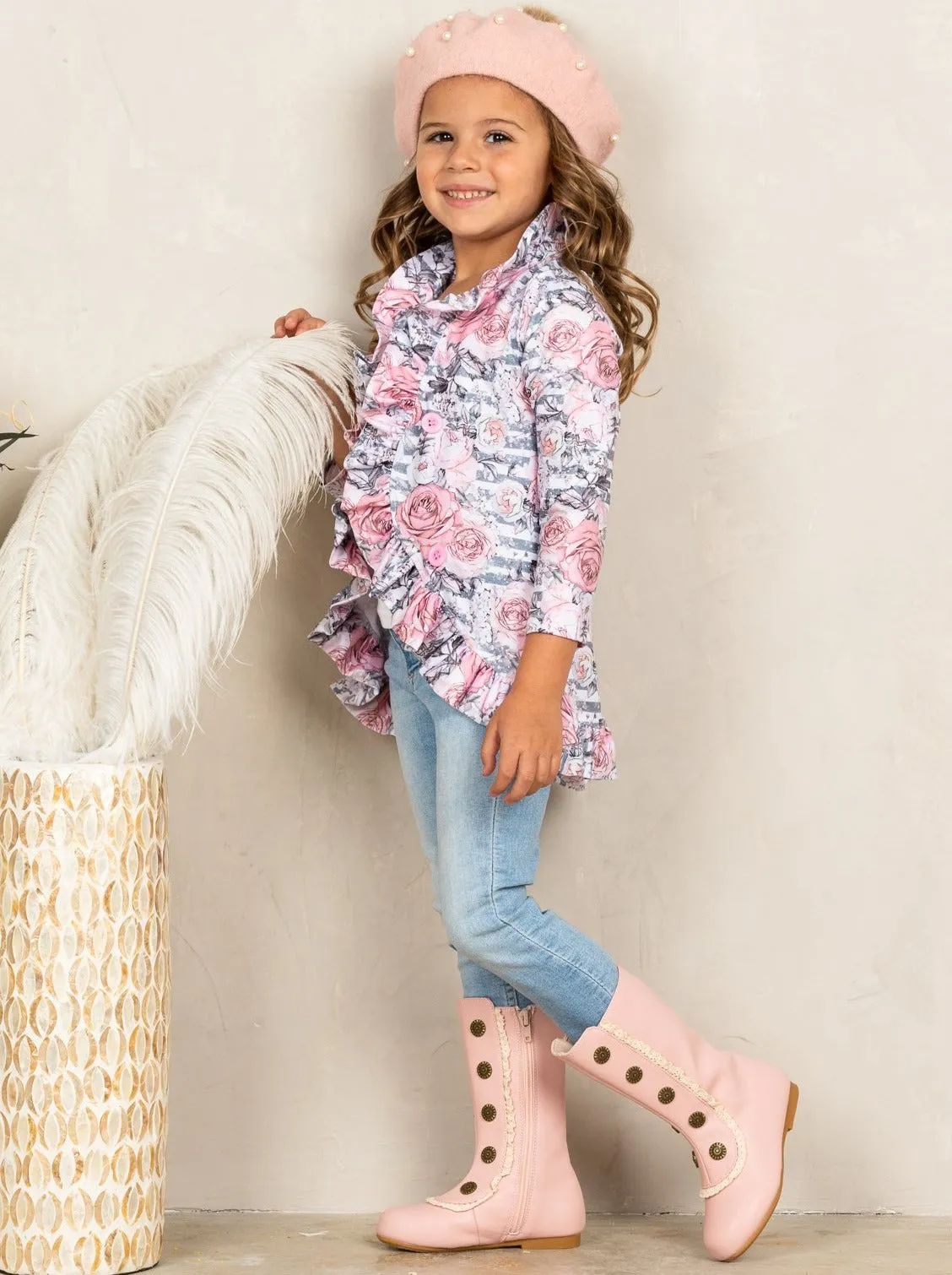 Girls Ruffled Faux Button Floral Printed Blazer Style Cardigan