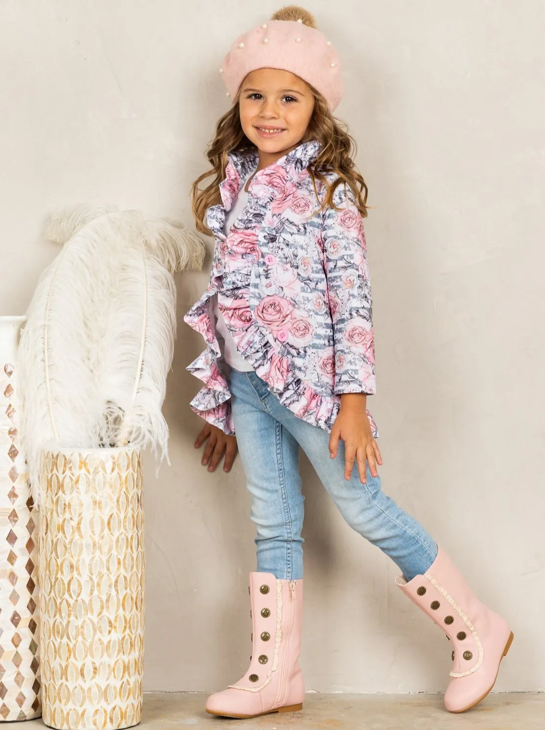 Girls Ruffled Faux Button Floral Printed Blazer Style Cardigan