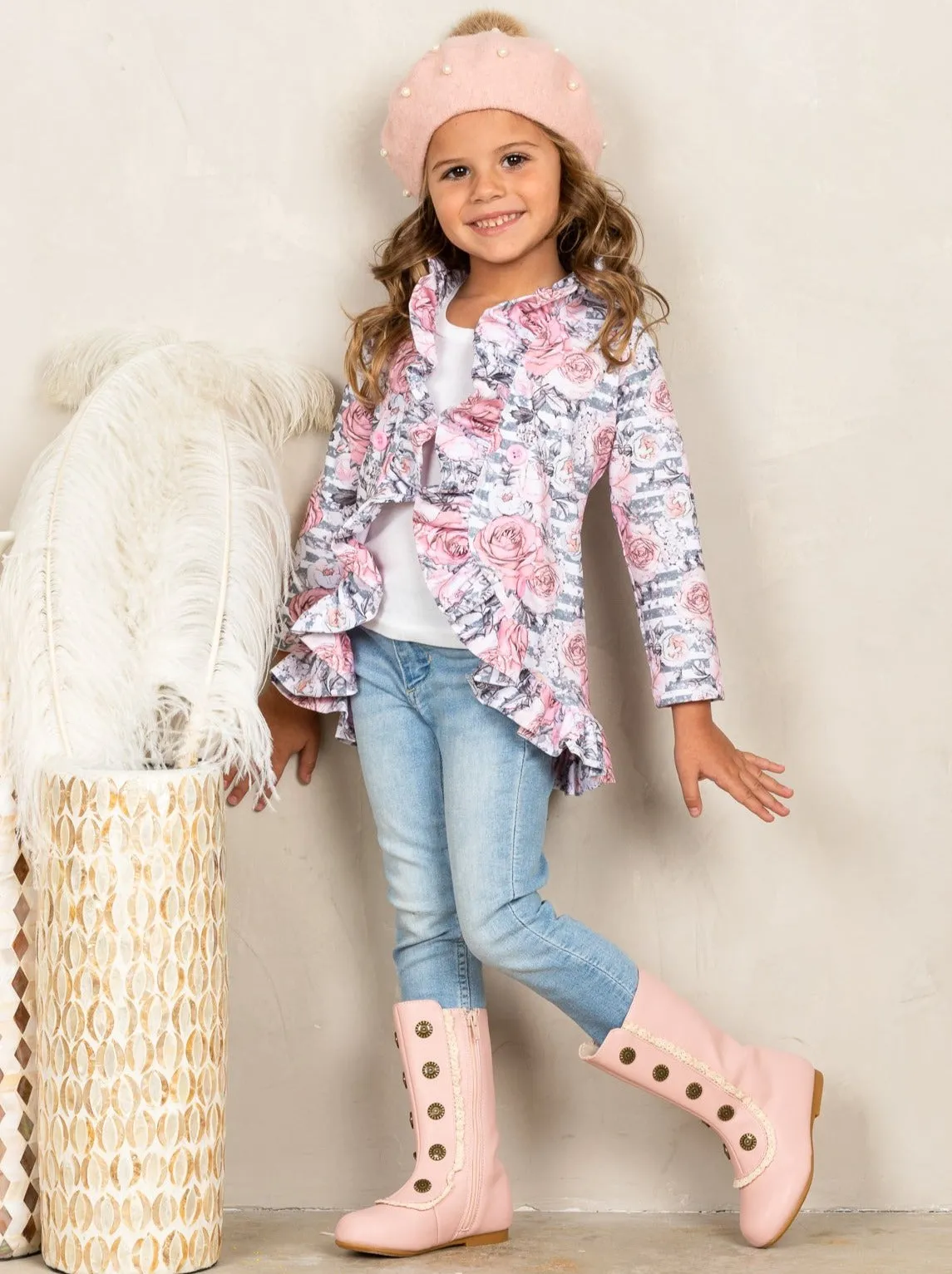 Girls Ruffled Faux Button Floral Printed Blazer Style Cardigan