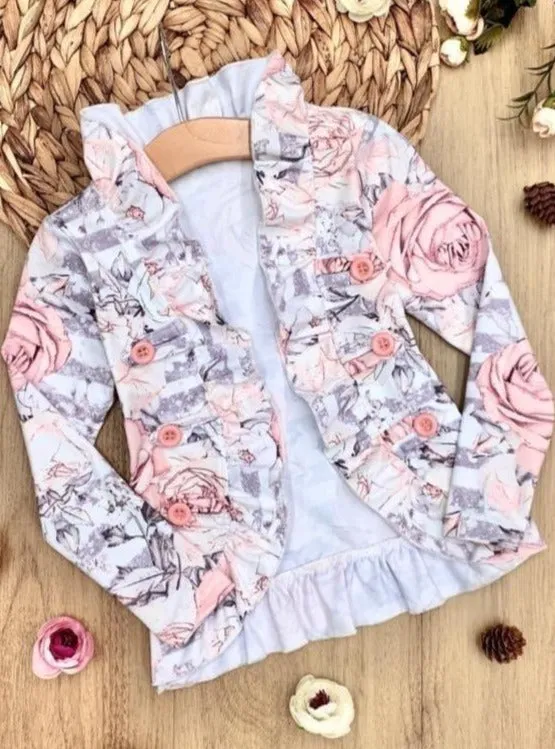 Girls Ruffled Faux Button Floral Printed Blazer Style Cardigan