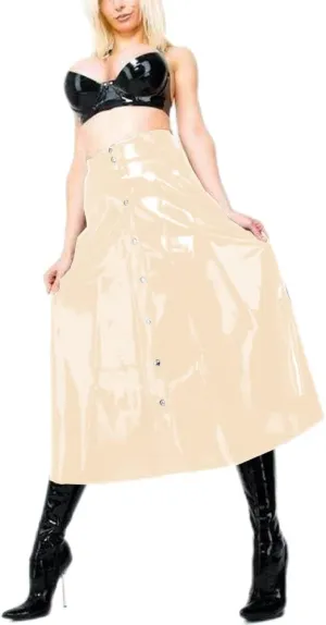 Gothic Women Wet Look PVC Leather Skirt Full Front Buttons A-line Skirts High Waist Latex Look Circle Midi Skirt Clubwear