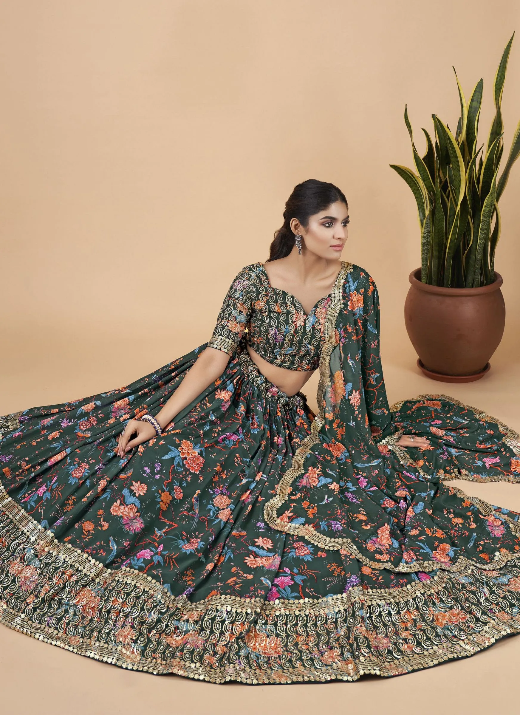 Green Designer Printed Faux Georgette Sequins Embroidery Work Lehenga Choli