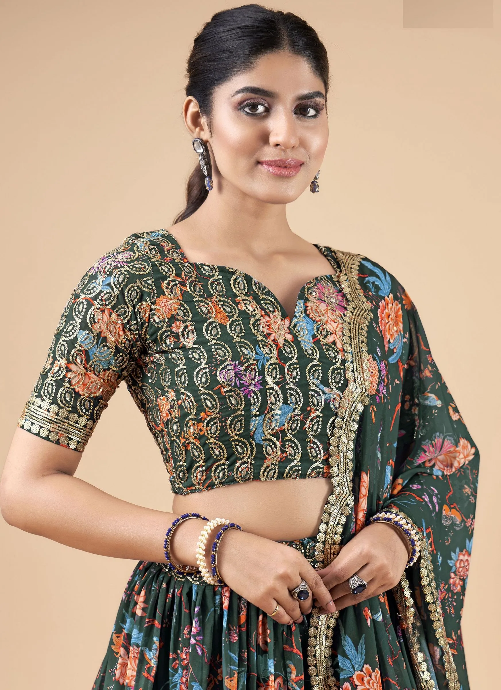 Green Designer Printed Faux Georgette Sequins Embroidery Work Lehenga Choli