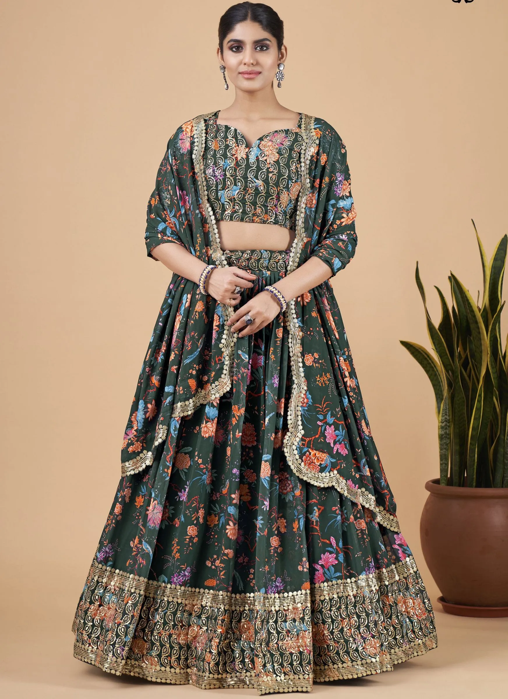 Green Designer Printed Faux Georgette Sequins Embroidery Work Lehenga Choli