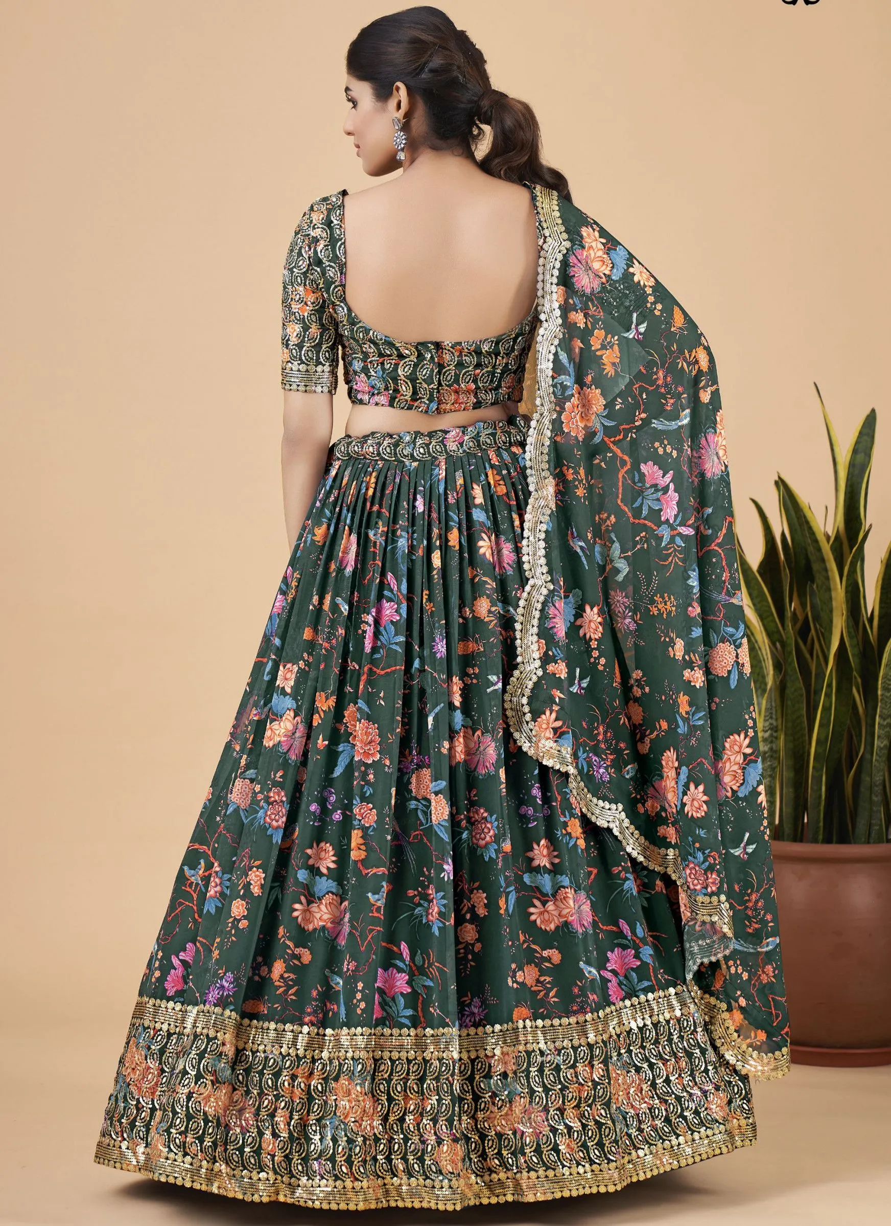 Green Designer Printed Faux Georgette Sequins Embroidery Work Lehenga Choli