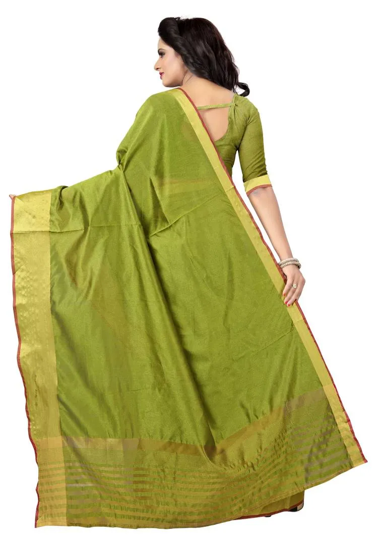 Green Solid Art Silk Saree with Blouse piece