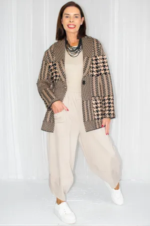 Hannah Houndstooth One Button Knitted Blazer in Camel
