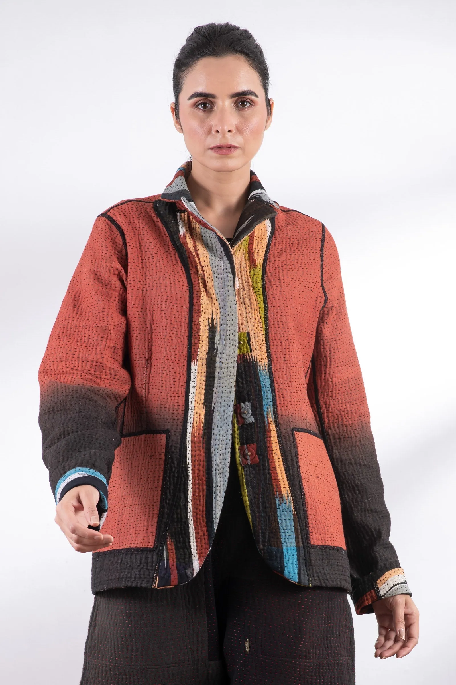 IKAT STRIPE KANTHA BASIC JACKET - is4052-red -