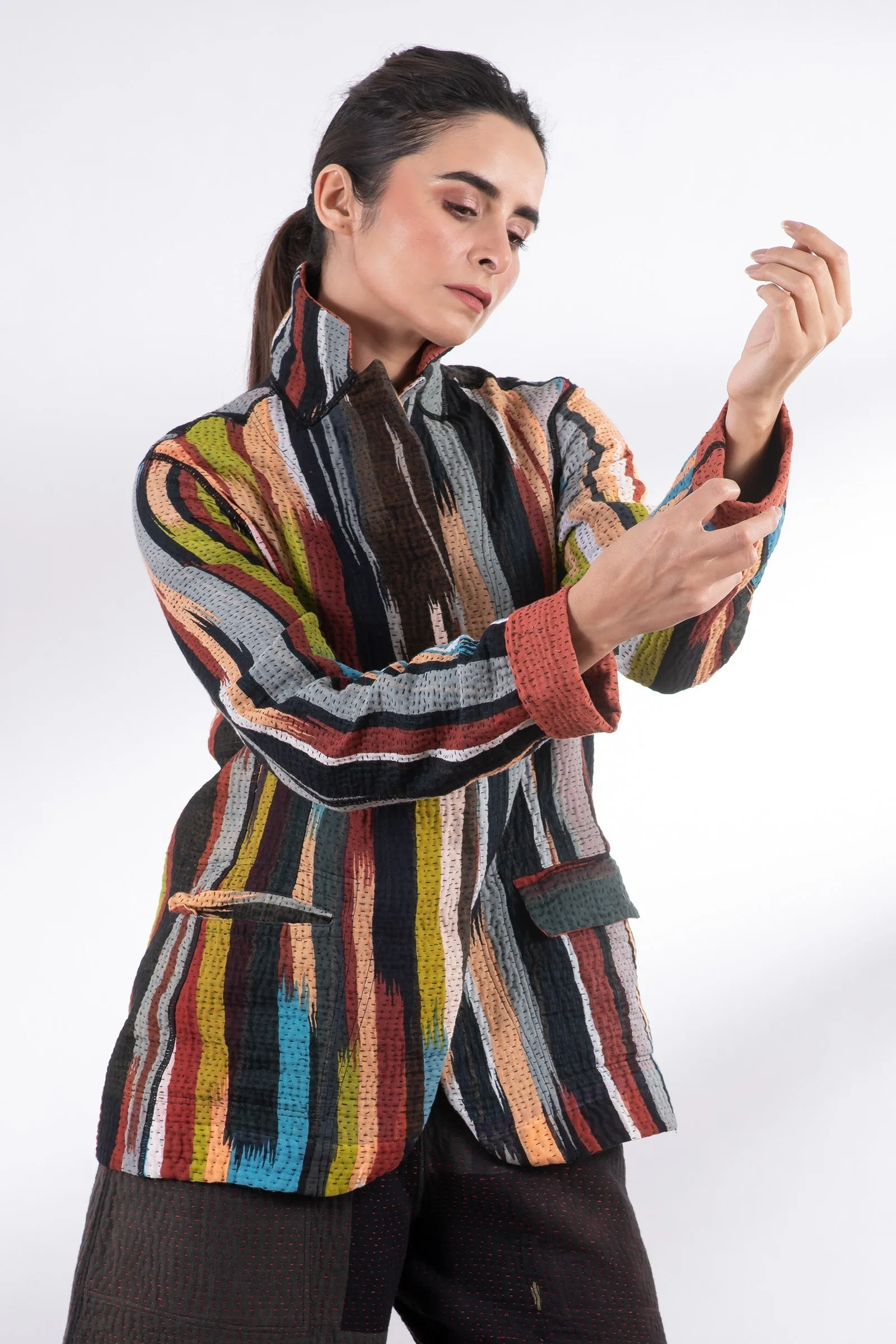 IKAT STRIPE KANTHA BASIC JACKET - is4052-red -