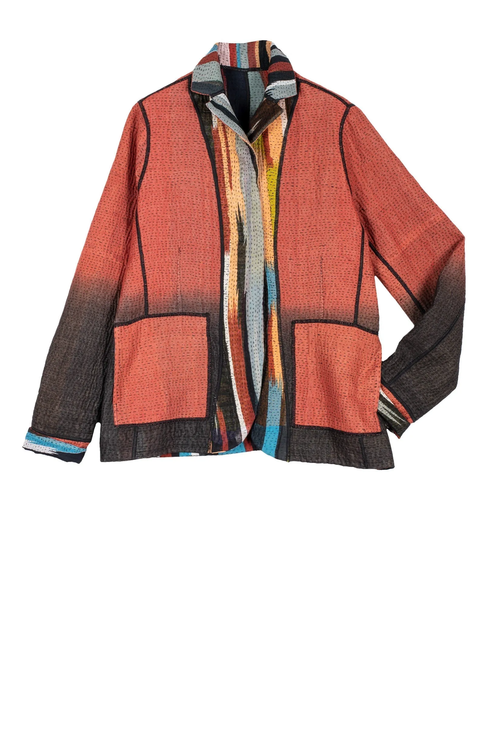 IKAT STRIPE KANTHA BASIC JACKET - is4052-red -