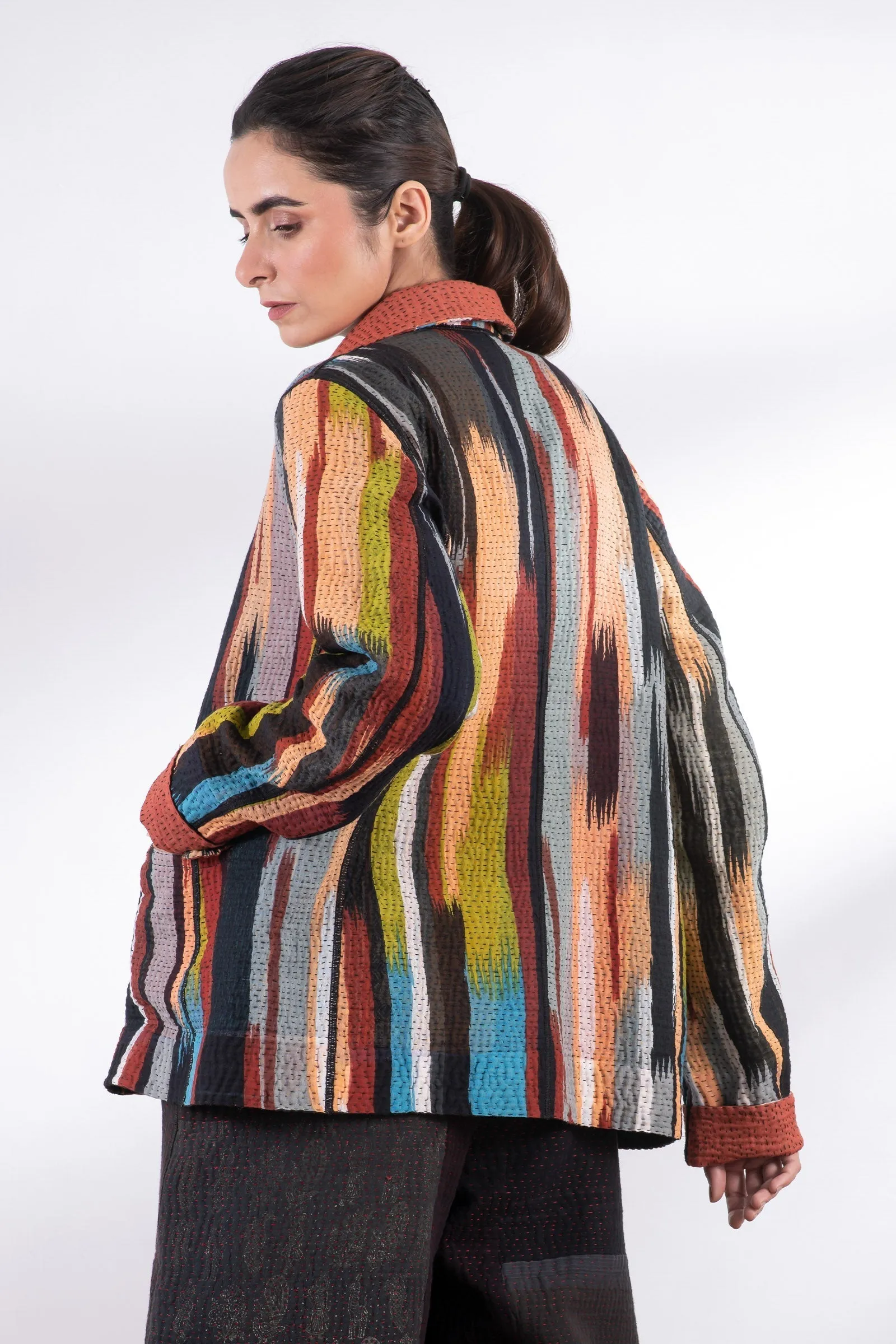 IKAT STRIPE KANTHA BASIC JACKET - is4052-red -