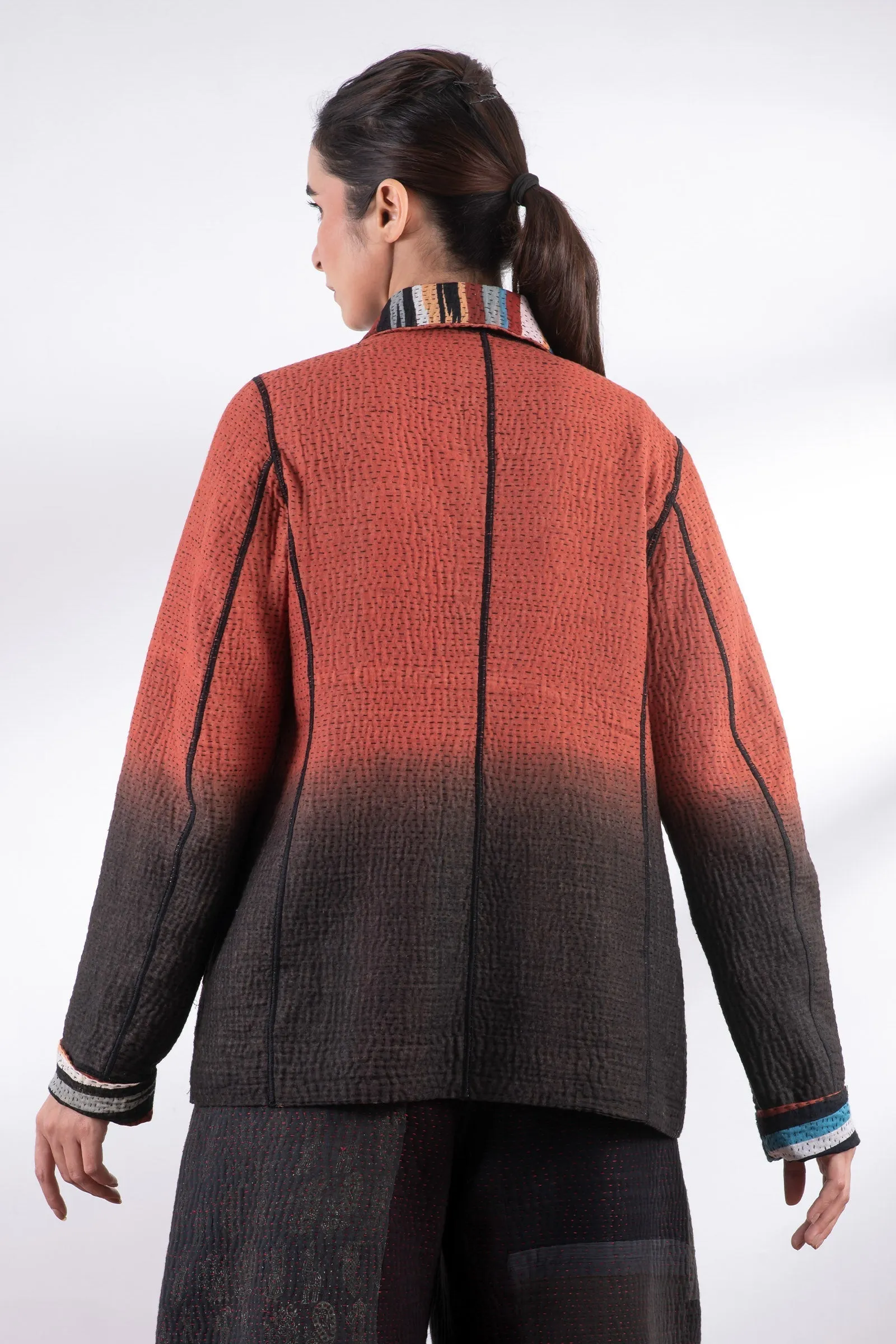 IKAT STRIPE KANTHA BASIC JACKET - is4052-red -