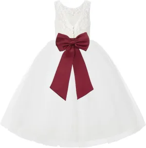 Ivory Lace V-Back Tulle Flower Girl Dress for Church Party Dresses 212noFT