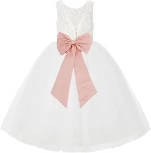 Ivory Lace V-Back Tulle Flower Girl Dress for Church Party Dresses 212noFT