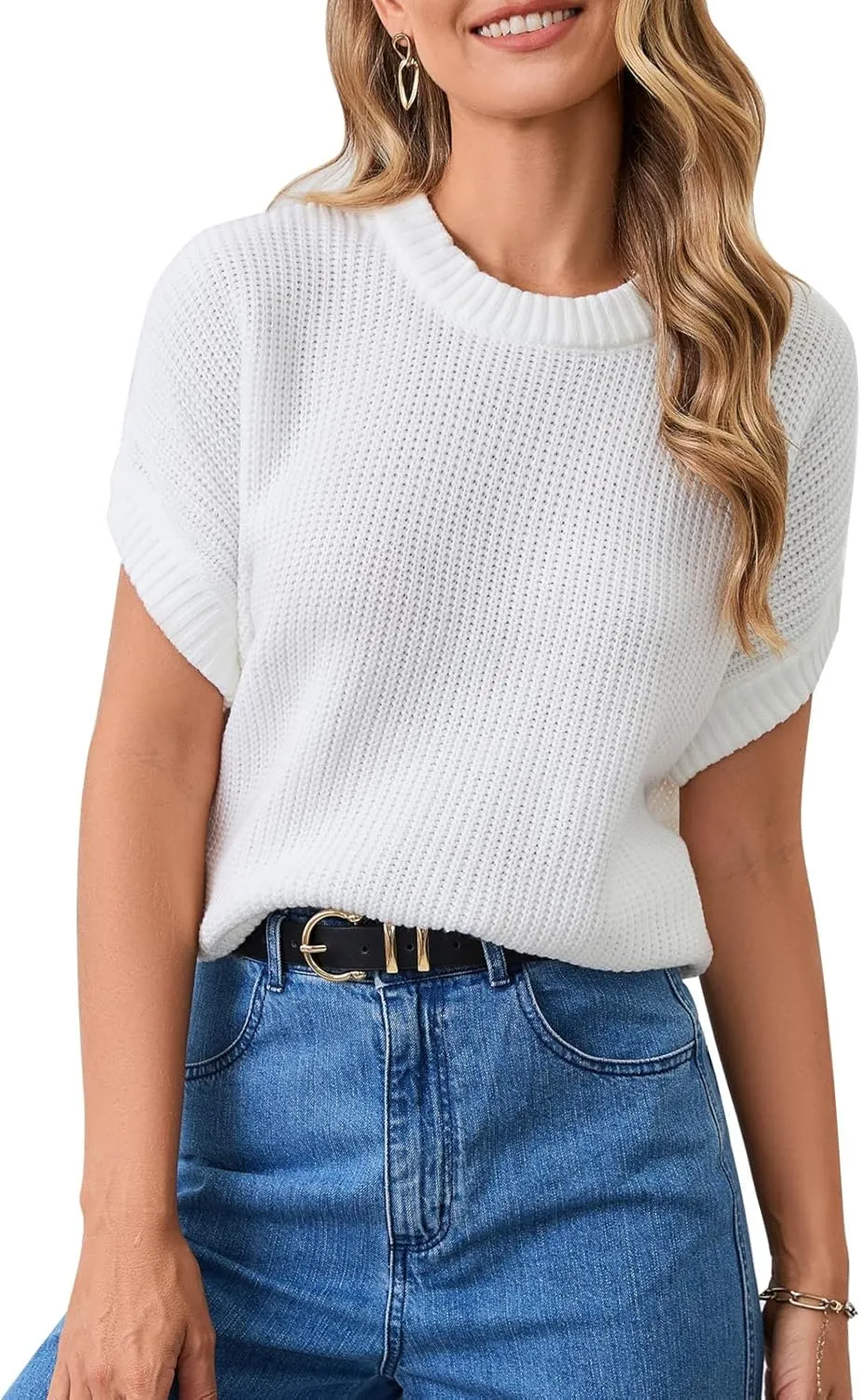 KASBAH Women's Short Sleeve Sweater Vest Crewneck Cap Sleeve Stripped Knit Pullover Tank Tops