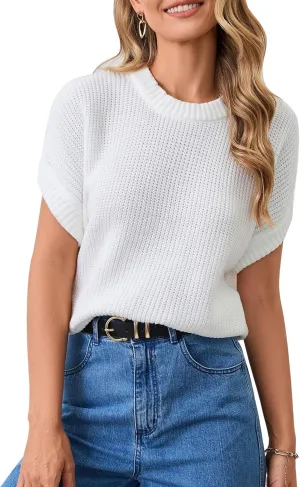 KASBAH Women's Short Sleeve Sweater Vest Crewneck Cap Sleeve Stripped Knit Pullover Tank Tops