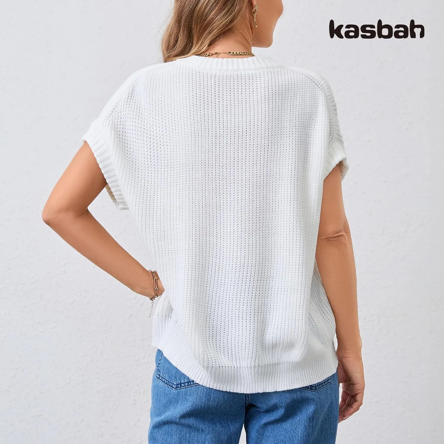 KASBAH Women's Short Sleeve Sweater Vest Crewneck Cap Sleeve Stripped Knit Pullover Tank Tops