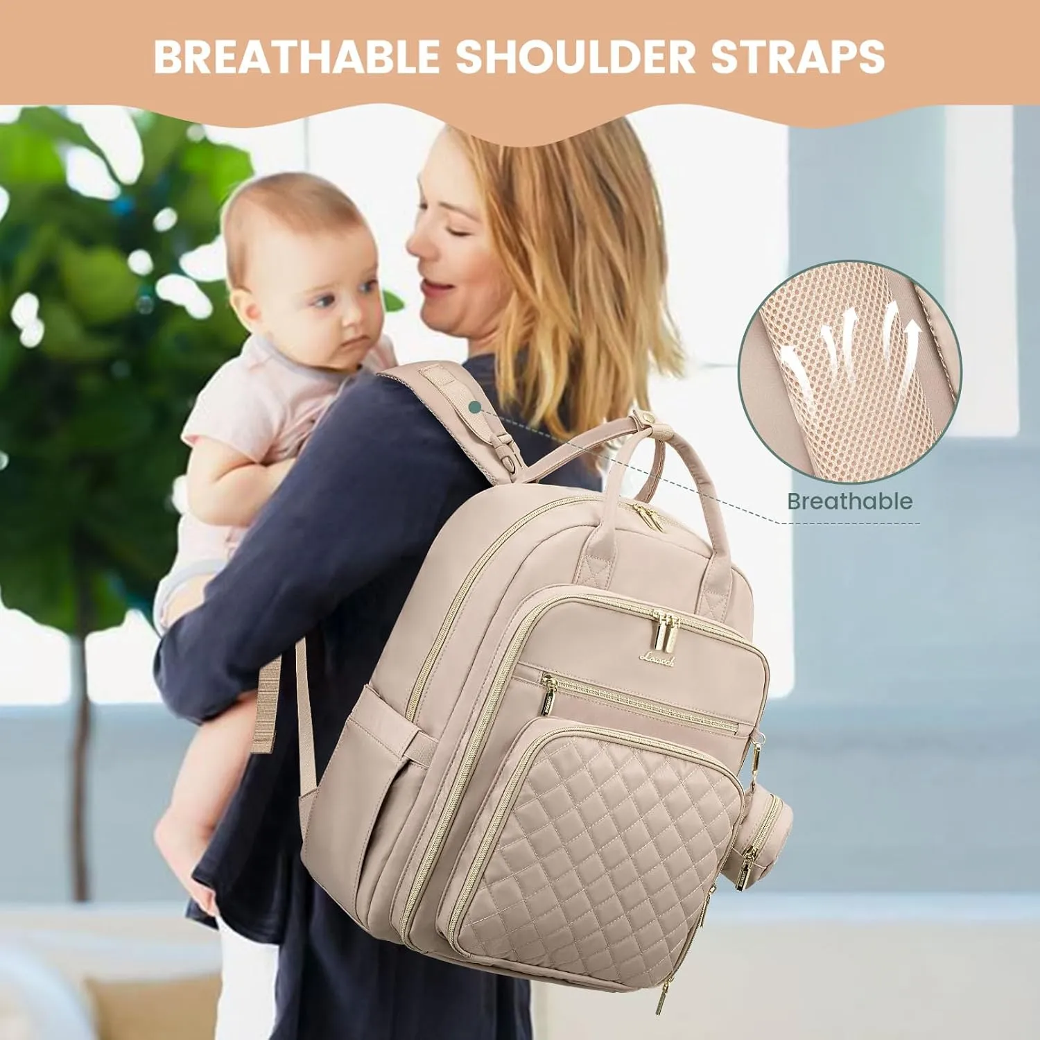 LOVEVOOK Baby Diaper Bag,Waterproof Diaper Backpack with USB Charging Port for Baby, Large Capacity Fit for 15.6 inch Laptop,Nude