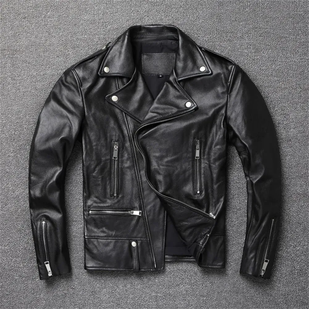Mens Motorcycle Style Leather Jacket Soft Asymmetric Zip Up Leather Jackets Vintage Biker Coat