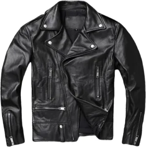 Mens Motorcycle Style Leather Jacket Soft Asymmetric Zip Up Leather Jackets Vintage Biker Coat