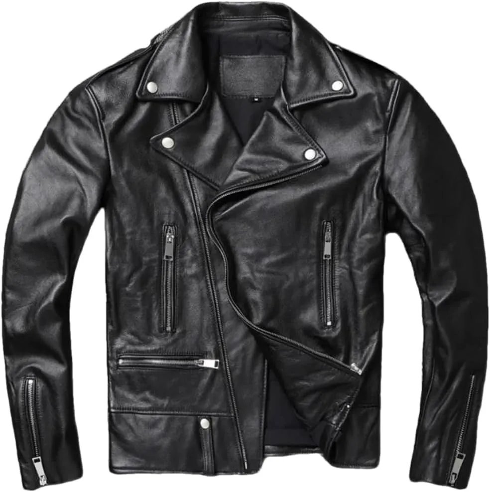 Mens Motorcycle Style Leather Jacket Soft Asymmetric Zip Up Leather Jackets Vintage Biker Coat