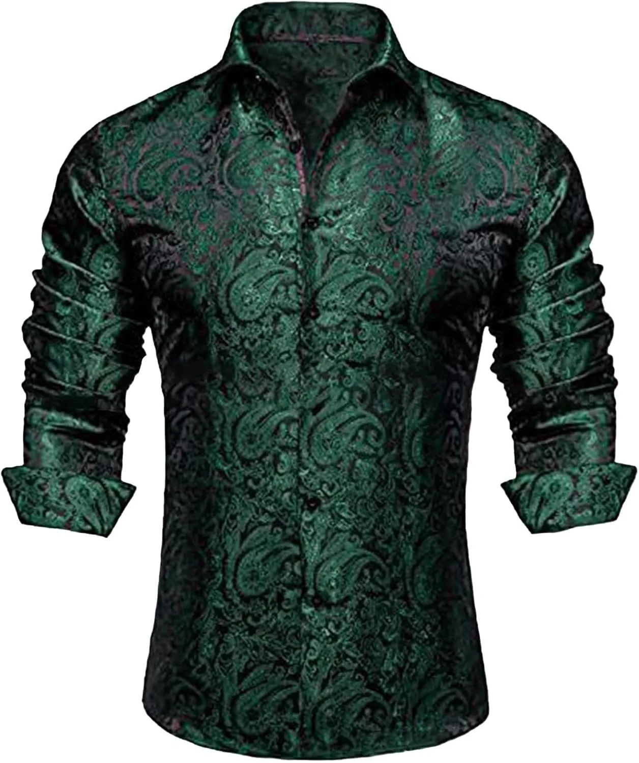 Mens Silk Look Paisley Dress Shirts Floral Long Sleeve Button Down Shirt Casual Regular Fit Tops for Men Business