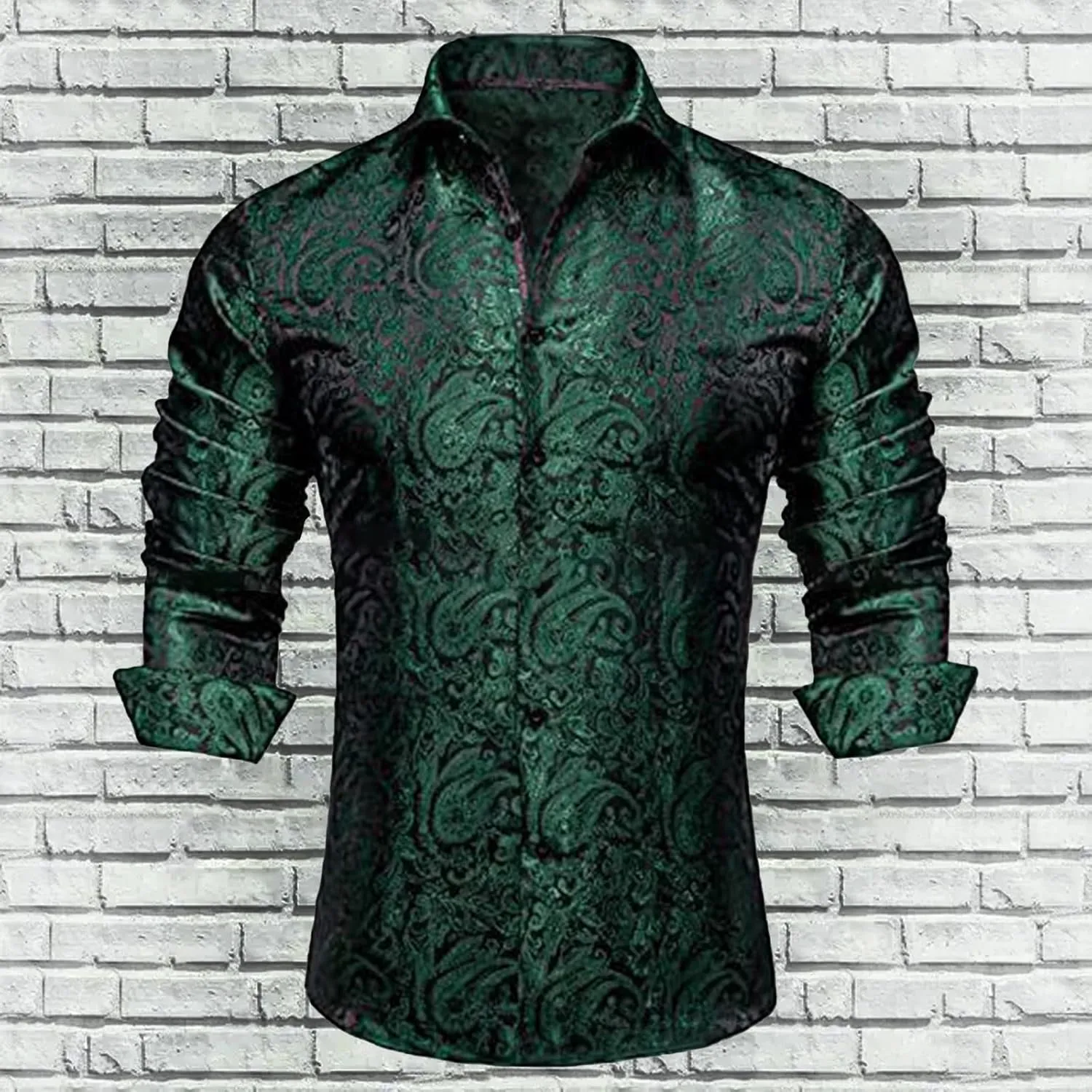 Mens Silk Look Paisley Dress Shirts Floral Long Sleeve Button Down Shirt Casual Regular Fit Tops for Men Business