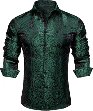 Mens Silk Look Paisley Dress Shirts Floral Long Sleeve Button Down Shirt Casual Regular Fit Tops for Men Business